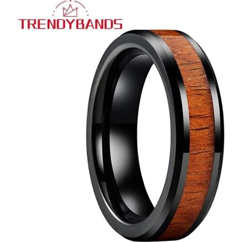 6MM Black Wood Inlay Ring Tungsten Carbide Wedding Band For Men Women Beveled Edges Polished Shiny