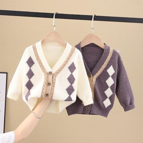 Baby boy clothes 0-5Y autumn and winter new childrens knitted sweater warm knitted cardigan jacket boy plaid sweater cardigan