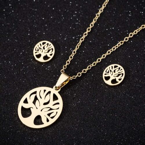 Oly2u Hollow Tree of life Stainless Steel Jewelry Set Round Pendant Necklace Vintage Plant Stud Earrings Women Accesorios Mujer