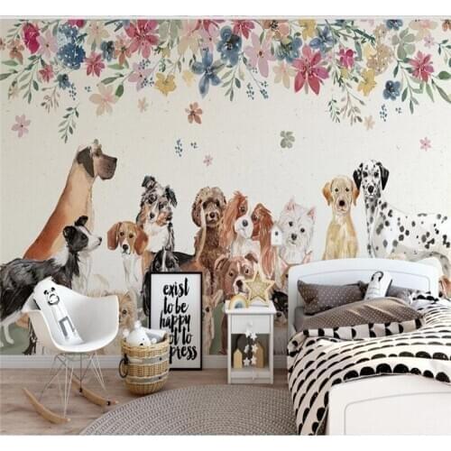 Professional custom wallpaper hand nordic creative cute group of puppy flower childrens room background wall