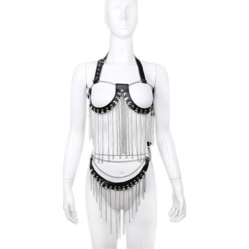 Sexy Hot Erotic Women Sets Leather Iron Chain Tassel Patchwork Halter Exposed Breast Top Bra with Mini Dress for Women