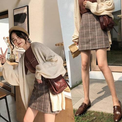 Retro Plaid High Waist Skirt for Women Autumn Woolen 2020 New All-Matching Sheath Short Skirt A- Line Skirt