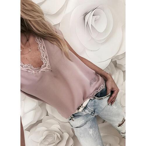 New Fashion Womens Summer Short Sleeve Loose V-Neck Lace Patchwork Solid Color Soft T-shirt Casual Tops 2020 Newest Trendy