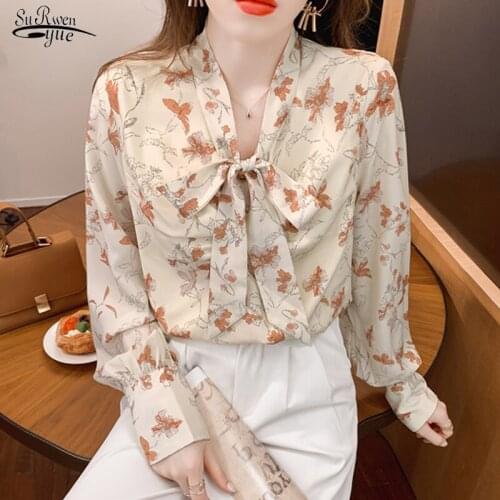 2021 Autumn Floral Lace-up Bow-knot Women Blouse Long-sleeve Elegant Button Loose Shirt Women Retro Printed Chiffon Blouse 16240