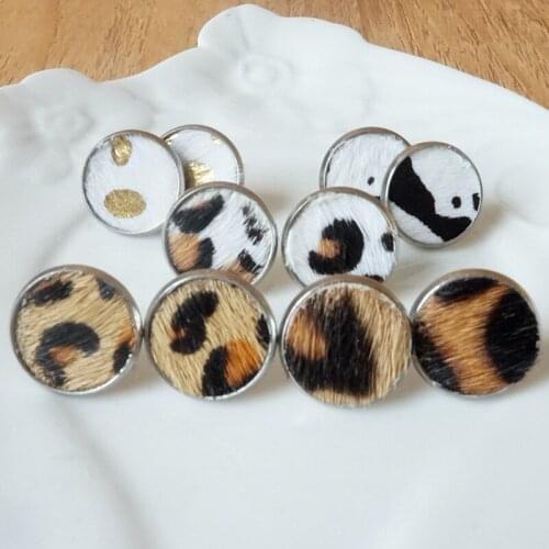 Genuine Leather Stainless Steel Leopard Cow Round Button Stud Earrings for Women