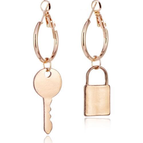 Hot Trendy Gold Silver Color Lock Key Drop Earrings For Women Simple Unique Asymmetrical Earrings Female Jewelry Party Gifts