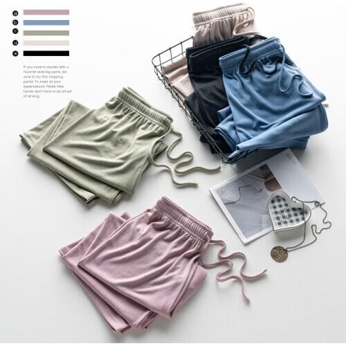 2020 Spring Summer Autumn Women Loose Full Length Draggle Wide Leg Pants Elastic High Waist Drawstring Casual Pants Drape Feel