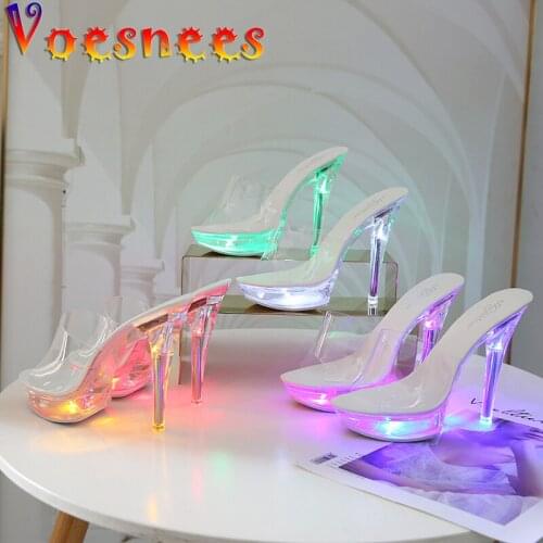 Voesnees New High Heels Slippers Shoes Woman Sexy Fine Heel 13cm Thick Bottom Striptease Shine Catwalk Summer High Heels Slides