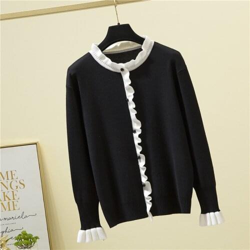 2021 Autumn Winter Women Sweater Knitted Jumpers Fashion Ruffled Collar Pullovers Beading Tops Flare Sleeve Woman Sweaters Pull