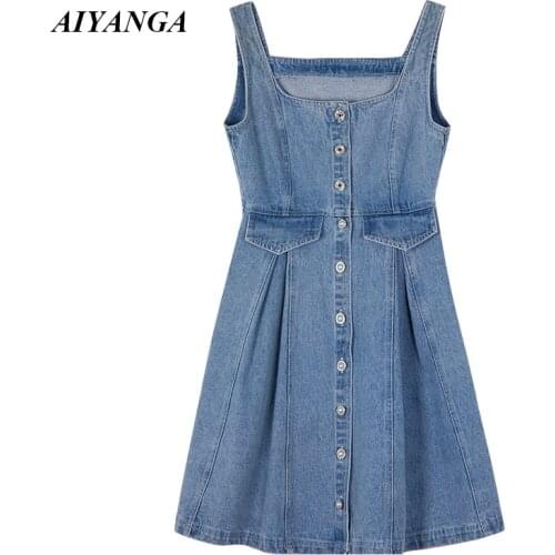 Women Summer Strap Mini Dress 2021 Korean Denim Cotton Sundress New Female Sleeveless Single-breasted Vintage Jean Dresses