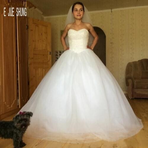 E JUE SHUNG Beaded Sweetheart Tulle Ball Gown Wedding Dresses Bridal Wedding Gowns Lace Up Back Custom Made Vestido De Novia