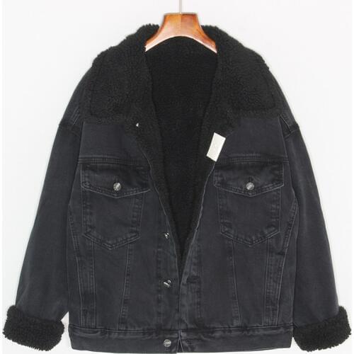 Winter Thick Warm Black Denim Jacket Women Short Lamb plush Vintage Jeans Jacket Coat Vintage Large size Loose Outerwear Female