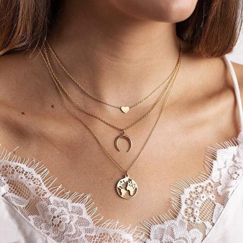 2020 Boho Vintage Gold Necklaces For Women Star Moon Hollow Earth Pendant Necklace Multilayer Female Jewelry Wedding Gift