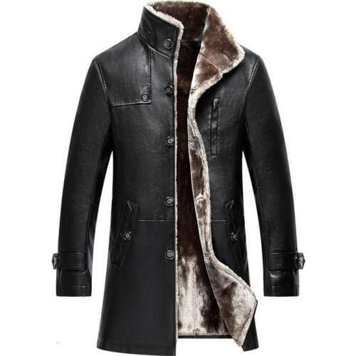 2020 Winter Thicken Leather Coat Men Long Section Casual turn-down Collar Leather Coat Warm Jacket Coat