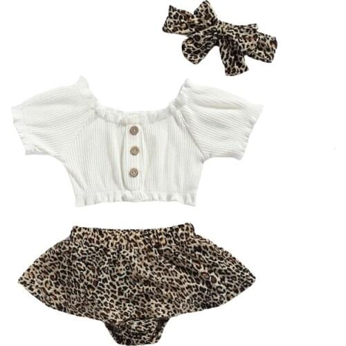 Pudcoco 0-2Y 3Pcs Summer Baby Girls Short Sleeve Off-the-Shoulder Blouse Tops+Leopard Print Shorts Pants+Headwear Outfit Sets