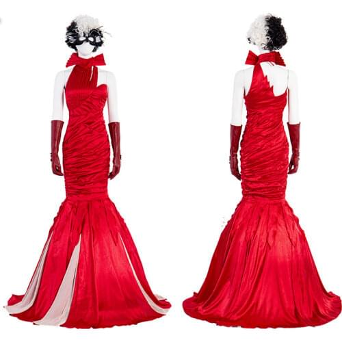 Anime Cruella De Vil Cosplay Costume Red Dress Queen Wedding Evening Party Ball Gown Fancy Mermaid Dresses Wig Mask Outfits
