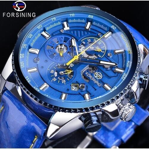 Forsining Cool Automatic Watch Mens Blue Luxury Steel 3 Sub Dial Analog Date Day Polish Leather Strap Clock Mechanical Watches