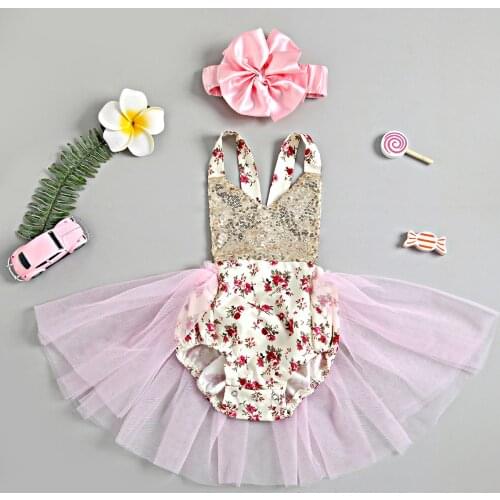 FOCUSNORM 2pcs Summer Baby Girls Lovely Rompers Headband 0-24M Sequined Flowers Printed Sleeveless Lace Jumpsuits