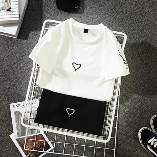 Fashion Harajuku T Shirt Women Heart Letter Printed Hip Hop Cotton O Neck Short Sleeve Embroidered Couple T-Shirt