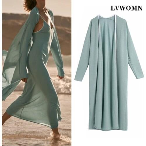 LVWOMN Za Women Cardigan 2021 Summer Long Solid Color Coat Loose Plus Size Woman Clothes Beach Vacation Ladies Green Cardigans