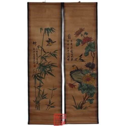 China Old Scroll Painting Four Screen Paintings Middle Hall Hanging Painting Mei Lan Zhu Ju