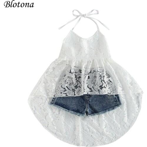 Blotona Kid Girls Lace Dress Set,Tie Up Halter Backless Dress Tops Elastic Waist Short Jeans with Pockets Summer Stylish Outfits