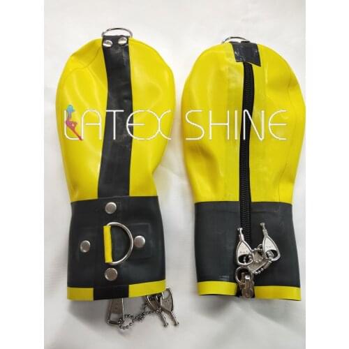 Latex Bondage Mittens Fetish Hand Boxing Gloves Tight Clasp Iron Ring Lockable Zipper