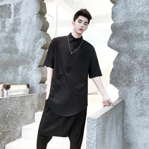 Summer Mens Black Half Sleeve Shirts Long Casual Blouse Solid Hairstylist Tops Fashion Boys