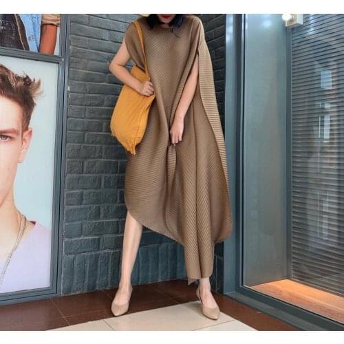 HOT SELLING The dress fashion o-neck short sleeve solid asymmetrical dresses IN STOCK