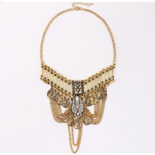 LZHLQ Vintage Alloy Hollow Multilayer CoinsTassel Choker Statement Necklace Women 2Colors Zinc Alloy Necklaces Pendants Collares