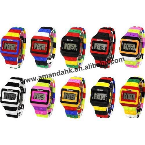Modular Style Electronic Watch Rubber Multicolor Rainbow Block Wristwatch Digital LED Date Day Women Size Sport Watches