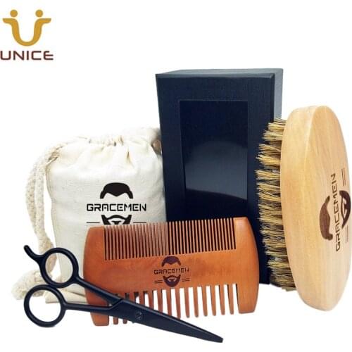 MOQ 100 Sets OEM Custom LOGO Beard Care Kit with Beard Brush and Double Sided Comb and Scissors in Customized Bag & Box