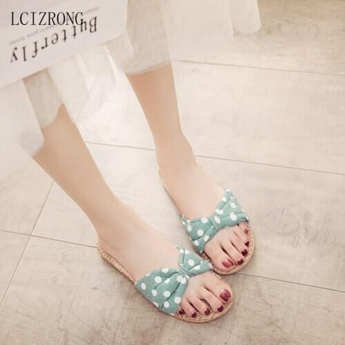 2020 New Autumn Women Flax Slippers Summer Candy Floral Bow Beach Flip Flops Comfortable Non-slip Home Slippers