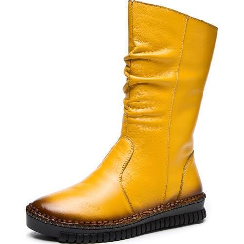 2021 New Plus Size Side Zipper Hand-stitched In-tube knight Boots Genuine Leather Boots Comfort Warm Winter Shoes Woman Boots