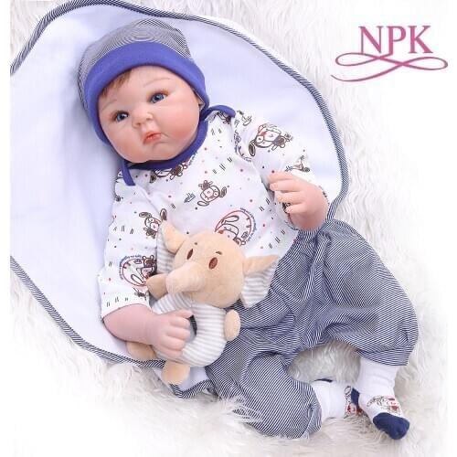 NPK 55cm Newborn Bebe Realitic Reborn Baby Doll Lifelike Soft Silicone Rooted Hair Blue Eyes Reborn Doll with Plush Toys