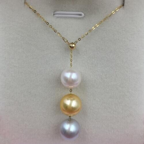 Sinya Multifunctional Pendant 18k Au750 gold necklace with 3pcs akoya pearls for Mum women girls lover Y style adjustable chain