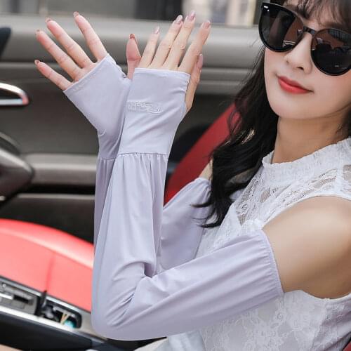 Summer Ice Silk Sunscreen Glove Women Letter Embroidery Half Finger Sleeves Thin Long UV Cycling Touch Screen Driving Mittes M35