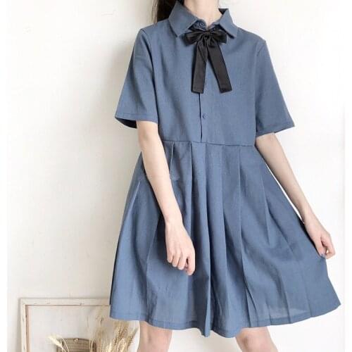 Dress Women Bow-knot Pleated Lapel School Style Harajuku Large Size 2XL Cute Girls Midi Daily Soft Summer Dresses Short Sleeve