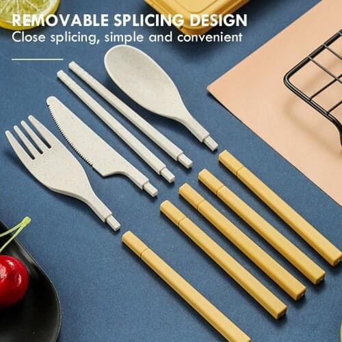 Portable Foldable Cutlery Set Wheat Straw Tableware Outdoor Camping Dinnerware Kids Dinner Set With Mini Box Kitchen Utensils