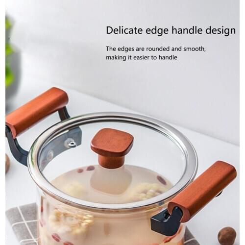 Transparent Double Wooden Handle Glass Cooking Pot For Household Use Transparent Binaural Glass Pot With Glass Lid