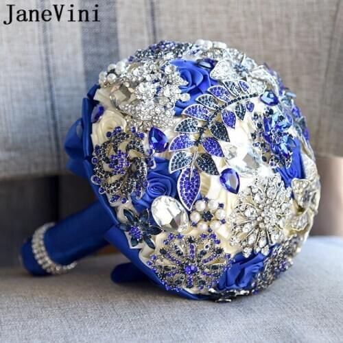 JaneVini Luxury Crystal Wedding Bouquet with Jewelry Pearls Shiny Beaded Bridal jewelerry Gray Blue Bride Flower Bouquets 2020