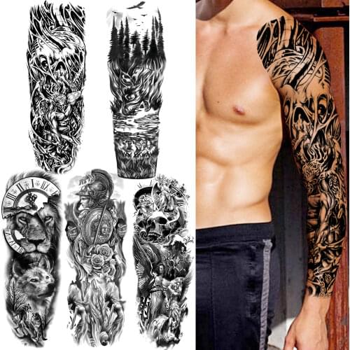 Evil Monster Temporary Tattoos For Men Women Fake Forest Black Lion Soldier Tattoo Sticker Sleeve Demon Skeleton Tatoos Decal