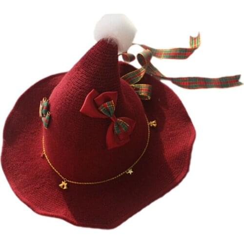 Womens Girls Knitted Lolita Hat with Faux Fur Pom Lace Bow Ribbon Warm Knit Wide Brim Christmas Party Decor N0PA