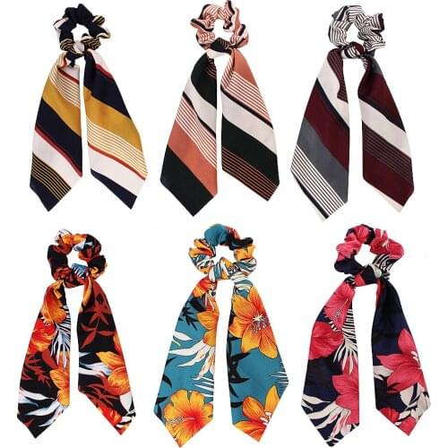 Women Girl Elastic Hairbands Scrunchie Streamer Accessories Scrunchies Vintage Stripe Flowers Ribbon Turban Hair Ties 50pcs F416