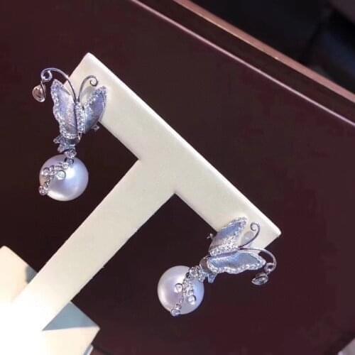 D303 Pure 925 Sterling Silver Fine Jewelry 8-9mm Fresh Water White Pearls Dangle Earrings for Women Fine Pearl Earrings