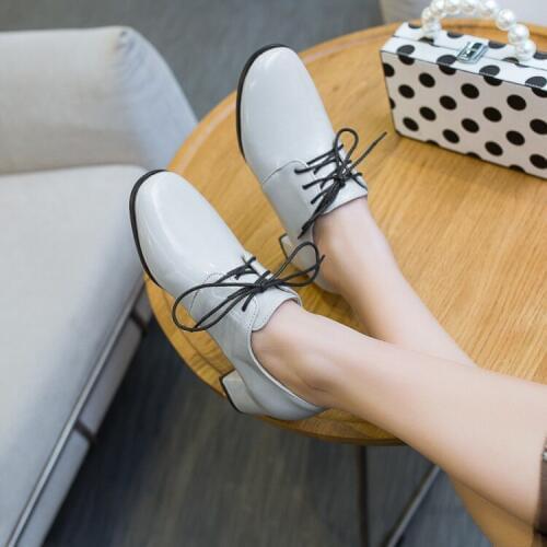 PXELENA 2019 Spring Newest Women Shoes Square Block Med Heel Pumps Lace Up Patent Leather Lace Up Oxfords Shoes Collegiate 34-43