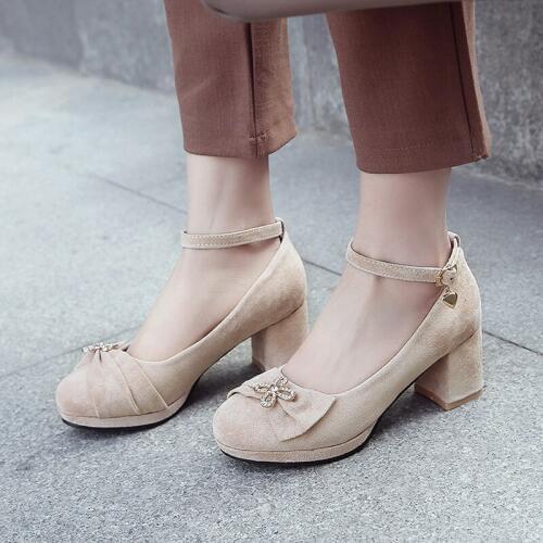 Plus Size 34-43 New Women Strap Pumps Nude Bows Platform High Heels Round Toe Party Wedding Shoes Bridal Stilettos Suede Black