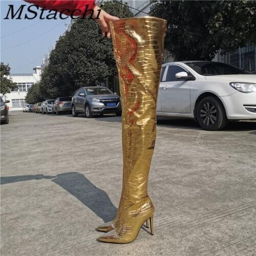 Mstacchi Buty Zimowe Damskie Golden Fashion Women High Heel Boots Pointed Stiletto Crocodile Print 2020 New Sexy Female Shoes