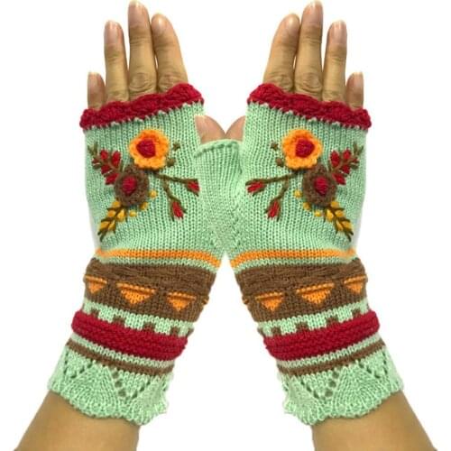 Womens Winter Warm Gloves Casual Flower Knit Fingerless Gloves Handwarmers Glove Mittens Without Fingers Cashmere Mittens