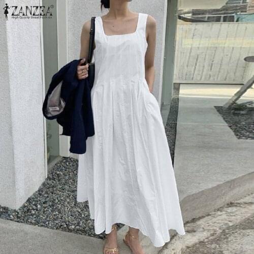 ZANZEA Summer Women Sleeveless Pleated Solid Long Vestidos Casual Square Neck Party Holiday Sundress Robe Femme Elegant Dress